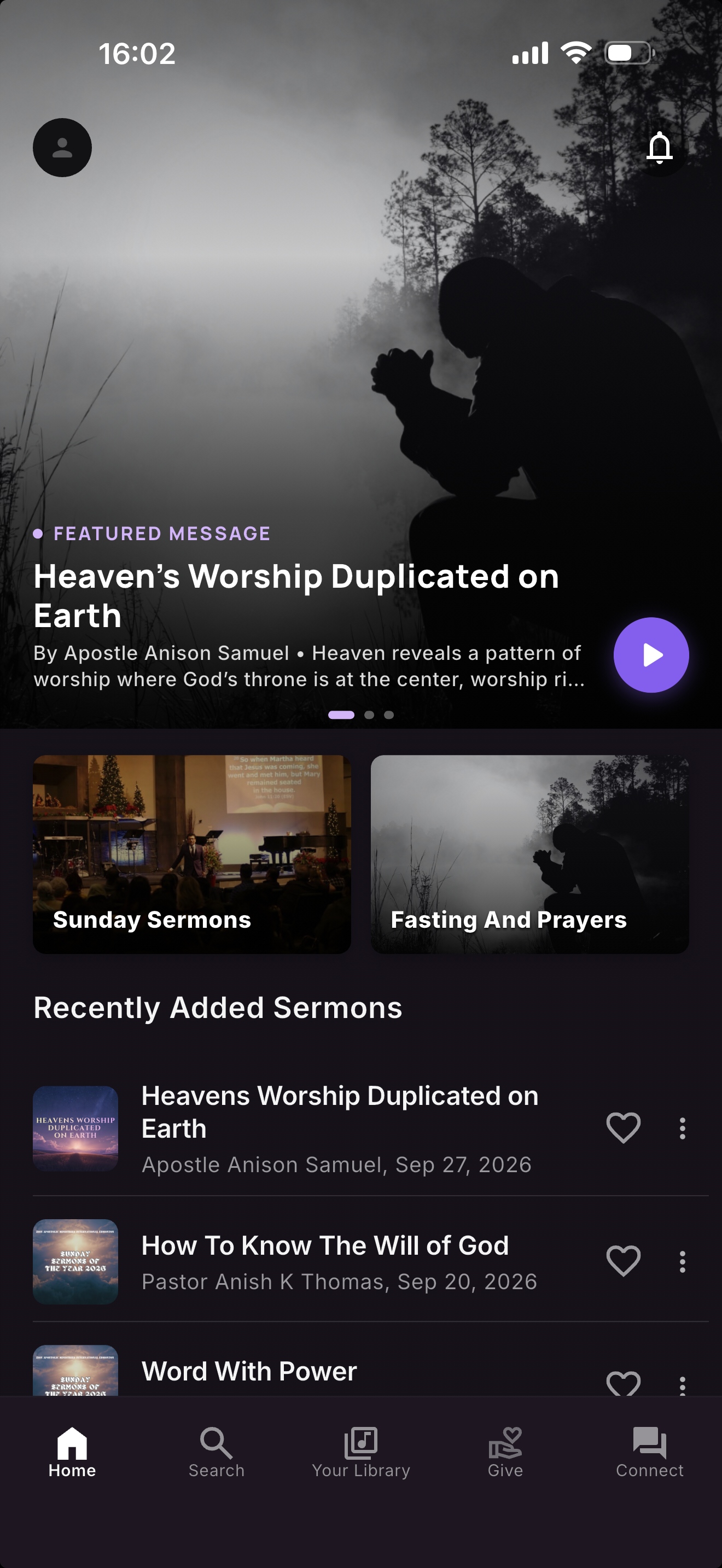 EchoChamber home screen showing featured messages and recently added sermons